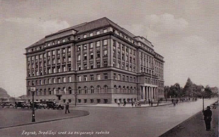 Mihanovićeva ulica središnji ured za osiguranje radnika 1930 godine. 1928. godine izgrađena palača Središnjeg ureda za osiguranje radnika s Okružnim uredom (danas HZZO)